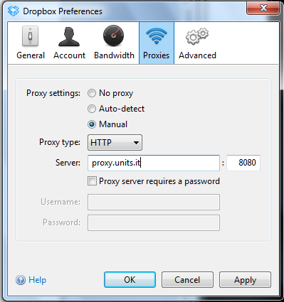 Schermata di configurazione proxy in dropbox