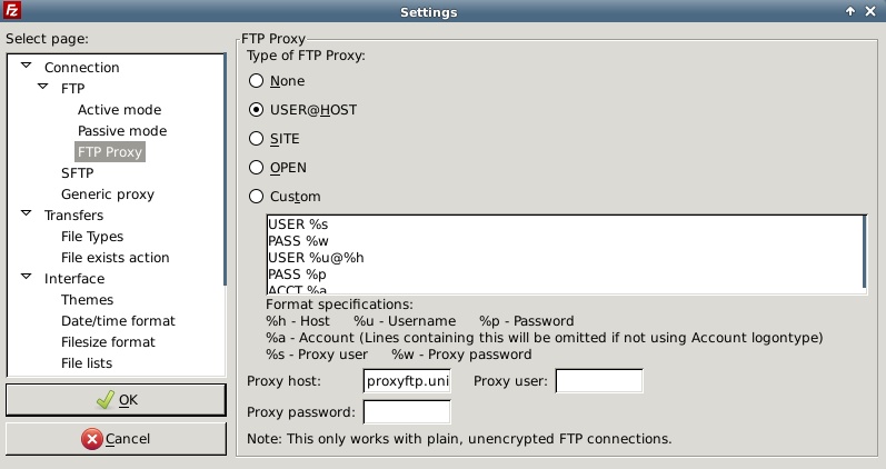 Configurazione di Filezilla per il proxy FTP