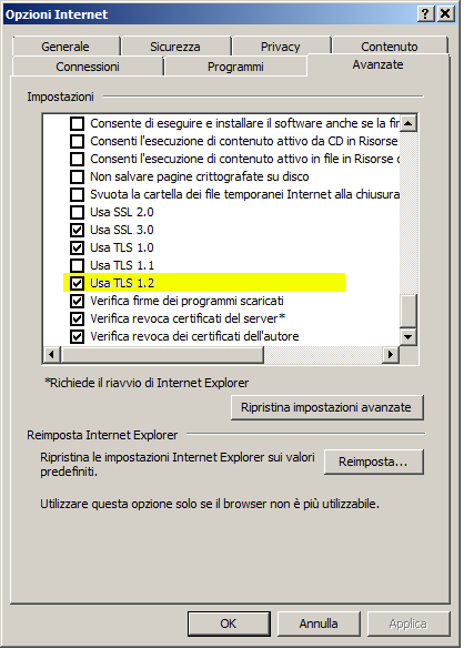 Abilitare TLS 1.2