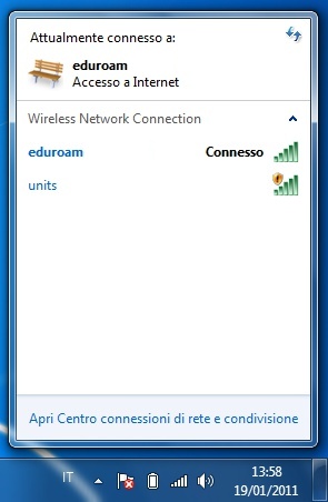 La dicitura "Connesso" appare accanto alla rete collegata